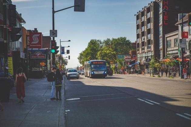 View of a bus at a terminus.