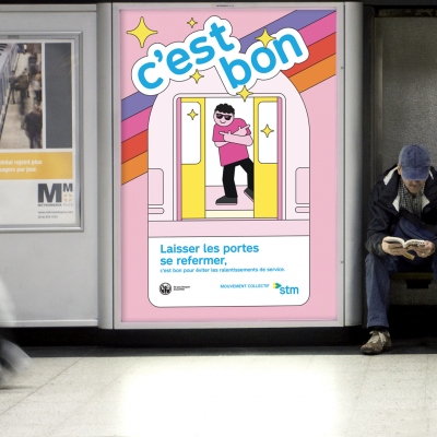 Visuel de la campagne sur les bons comportement. Texte : Laisser les portes se refermer, c'est bon pour éviter les ralentissements de service.