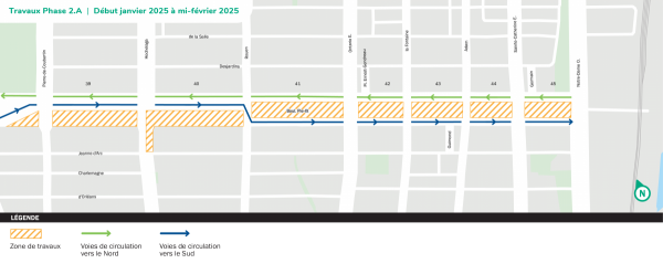 Configuration du chantier pour la phase 2: voies de circulation du côté est entre Pierre-De Coubertin et De Rouen, puis une voie de chaque côté entre De Rouen et Notre-Dame.