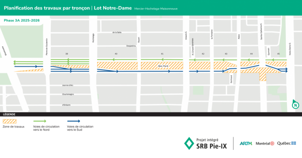 Carte de la circulation sur le boulevard Pie-IX, entre le 17 décembre 2025 et le 1er janvier 2026. La zone de travaux se trouve au centre, et une voie de circulation de chaque côté de la rue.