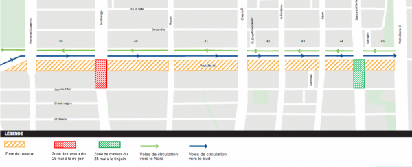 Plan des entraves: zone de travaux du côté ouest du boulevard Pie-IX.